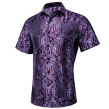 Hi-Tie Short Sleeve Silk Men's Shirts Breathable Shirt Office Sky Blue Rose Pink Teal MartLion CY-1406 S 