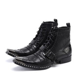 Men's Ankle Boots Buckle Strap Decoration Metal Pointed Toe Genuine Leather Zipper Cowboy Motorcycle Boots MartLion   