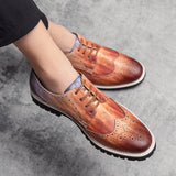 Golden Brogue Shoes Men's Dress Soft Split Leather Lace Up Oxfords Flat Work Footwear Mart Lion   