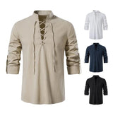 Men Long-Sleeved V-neck T-shirt Cotton and Linen Led Casual Men's T-shirt MartLion   