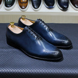 Genuine Leather Men's Formal Shoes Handmade Classic Whole Cut Oxfords Lace-up Plain Toe Wedding Dress MartLion Blue EU 38 CHINA