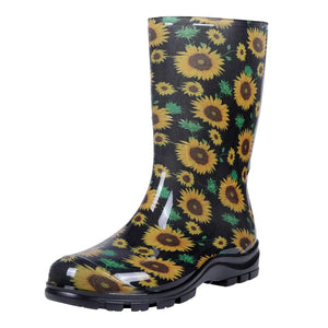 Summer Women's Rain Boots Waterproof Outdoor Work Anti-Slip Home Soft Rubber Shoes MartLion Sunflowers Black 37 CHINA