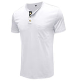 Summer Henley Collar T-Shirts Men's Short Sleeve Casual Tops Tee Solid Cotton Mart Lion   