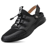 Sandals Men's Summer Outdoor Mesh Splice Leather Luxury Social Shoes Handmade Durable Sole Lace Up Beach MartLion black 38 
