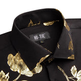 Hi-Tie Black Gold Silk Men's Shirts Summer Spring Long Sleeve Lapel Shirt Hawaii Soft Blouse Wedding MartLion   