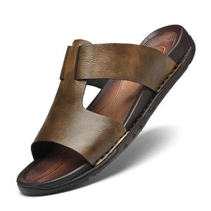 Men's Casual Leather Slippers Slides Slip on Sandals Summer Shoes Beach Outside Breathable Khaki Black MartLion Brown 37 