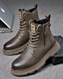 Autumn Winter Designer Cow Leather Boots for Men's Casual Fleece Overalls High Top Warm Platform Shoes MartLion   