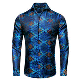 Hi-Tie Long Sleeve Silk Shirts Men's Suit Dress Outwear Slim Jacquard Wedding Floral Paisley Gold Blue Red MartLion 1003 S 