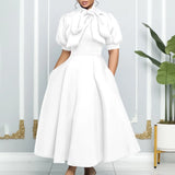 Party Dresses Woman Bow Collar Short Sleeve  Waisted Pleated Ankle Length Birthday Party Robe MartLion White Dress XXXL 