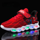 Spiderman Kids LED Lighting Shoes Boy Knitted Flashing Girls Running Red Baby Mesh Sneakers MartLion Red D 25-Insole 15.8 cm 