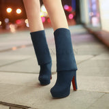 Women High Heels Slip On Over the Knee Long Boots Platform Ankle Patchwork Flock Two Ways Wear MartLion   