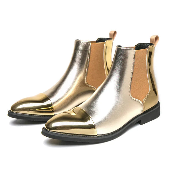  Luxury Leather Chelsea Boots Men's Gold Shoes Designer Pointed Wedding Formal Elegant Moccasins Dress MartLion - Mart Lion