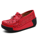 Summer Woman's Casual Shoes Flats Leather Slip-on Ladies Platform Hollow Loafers Breathable Female Moccasins Chaussures Femme MartLion Red 35 