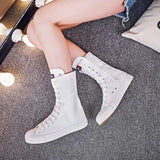  Mid Top Front Lace Up Side Zipper Canvas Shoes Women's Shoes Solid Color Breathable Soft and MartLion - Mart Lion