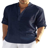 Men's V-neck t shirt Blouse Cotton Linen Shirt Loose Tops Long Sleeve Shirt Spring Autumn Casual Handsome Mart Lion Navy blue S China