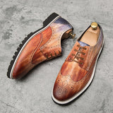 Golden Brogue Shoes Men's Dress Soft Split Leather Lace Up Oxfords Flat Work Footwear Mart Lion   