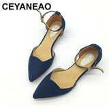 Women Buckle Strap Low Heels Pumps Pointed Toe Flock D'Orsay Heels Shoes Single Shoes Blue MartLion   