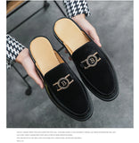 Men's Mules Leather Slipper Summer Walk Loafers Open Style Half Flat Shoes Casual Sandals Metal Lock Slides Moccasin MartLion   