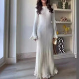 Ladies Elegant Flared Sleeve Knitted Dress Women Crew Neck White Slim Robes Summer Female Party Dresses MartLion   