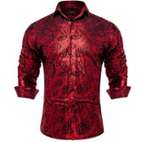 Luxury Gilding Pink Blue Red Paisley Print Silk Dress Shirts for Men's Long Sleeve Social Clothing Tops Slim Fit Blouse MartLion CY-2323 S 