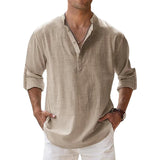 Cotton Linen Shirts for Men Casual Shirts Lightweight Long Sleeve Henley Beach Shirts T Shirts for Men MartLion Khaki S 