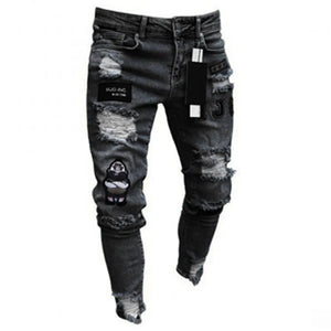 Men Jeans Knee Hole Ripped Stretch Skinny Denim Pants Solid Color Black Blue Summer MartLion JK807X Black S CHINA