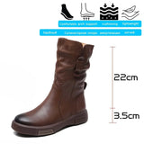 Ankle Boots Cow Leather Motorcycle Platform Wedge Winter Plush Knee High Women Shoes MartLion