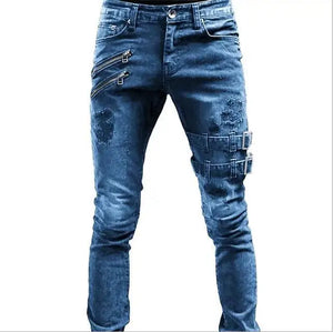 Street Style Ripped Skinny Jeans Men Vintage wash Solid Denim Trouser MartLion H0019A Blue XXXL 