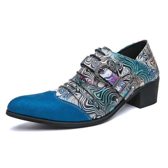 Printed Men's High Heels Pointed Toe Leather Elegant Dress Shoes Height-increasing Wedding MartLion blue 3208-7 38 CHINA