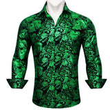 Luxury Silk Shirts Men's Long Sleeve Red Black Floral Embroidered Slim Fit Tops Button Down Collar Clothes Barry Wang MartLion 0588 S 