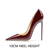 Pointed Shallow Mouth Patent Leather Stiletto Heels Women's Single Shoes MartLion Wine Red 10CM 37 CHINA