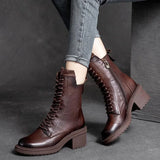 Women Shoes Winter Square Med  Boots Lace Up Zipper Ladies Pumps MartLion Brown 39 