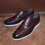 Designer Cow Real Leather Burgundy Men's Flat Sneakers Crocodile Print Wingtip Brogues Derby Casual Dress Shoes MartLion   