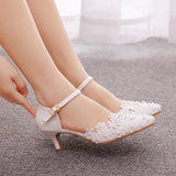 Crystal Queen White Lace Pearl Rhinestone Women Pointed Toe Summer 5CM High Heels Elegant Mary Jane Shoes MartLion   