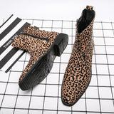 Men's Ankle Boots Suede Leather Leopard Pointed Toe Dress Shoes Zip Motorcycle Casual Party Footwear Mart Lion   