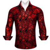 Luxury Designer Silk Men's Shirts Long Sleeve Blue Green Teal Embroidered Flower Slim Fit Blouse Casual  Tops Barry Wang MartLion   