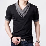 Summer Men's T-Shirts Slim Short Sleeve Patchwork V Neck Cotton Black Button Tops Tees Mart Lion Black M 50-60 KG 