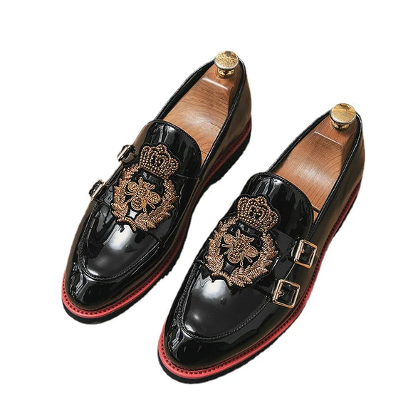 Loafers Men's PU Shallow Embroidery Applique Belt Buckle Slip-On Casual Shoes Low Heel Classic