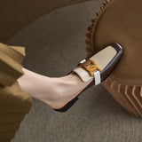 Spring Summer Women Shoes Square Toe Pumps Solid Cow Leather Low Heel Mules Metal Button Slipper Mules MartLion   