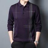 Spring and Autumn Men's Plaid Long-sleeved T-shirt Thin Section Loose Casual Lapel Bottoming Shirt MartLion T608-purple red M(50-60KG) 