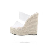 Summer PVC Transparent Peep Toe Cane Straw Weave Platform Wedges Slippers Sandals Women Clear High Heels Female Shoes Mart Lion   