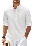 Cotton Linen Men's Long-Sleeved Shirts Spring Autumn Solid Color Stand-Up Collar Casual Beach Style MartLion white XXXL 