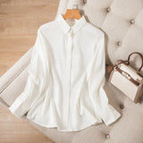 Mulberry Silk summer Top Solid White Women's Shirt  Elegant Breathable Long Sleeved MartLion   