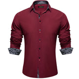 Men's Shirt Long Sleeve Black Solid Red Paisley Color Contrast Dress Shirt Button-down Collar Clothing MartLion CY-2206 S 
