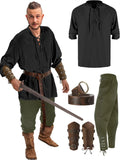 4 Pcs Halloween Men's Renaissance Set Medieval Pirate Shirt Ankle Banded Pants Viking Belt Accessories MartLion black green M 
