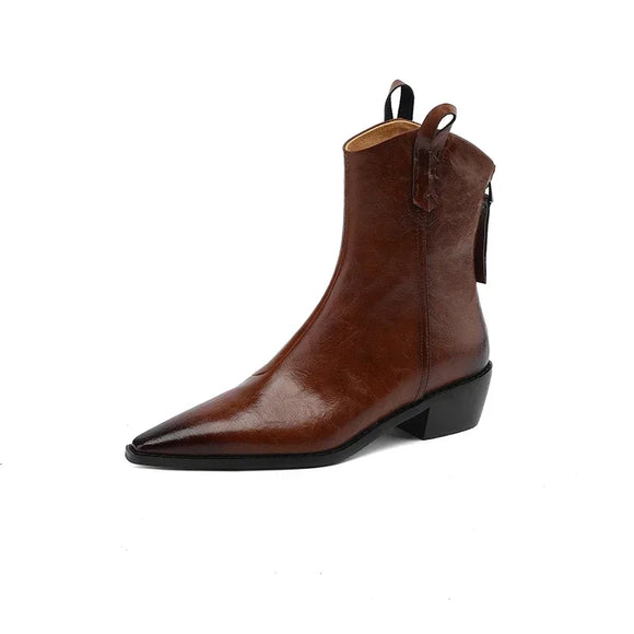 Women Boots Genuine Leather Western Shoes Pointed Toe Chunky Heel Chelsea Retro MartLion Brown-without fleece 40 