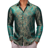 Luxury Shirts Men's Silk Long Sleeve Red Green Paisley Slim Fit Blouses Casual Formal Tops Breathable Barry Wang MartLion 0086 S 