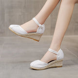 Patchwork Women Linen Cotton 6cm High Wedge Espadrilles Sandals Summer Elegant Ladies Ankle Strap Closed Toe Hemp Shoes MartLion   