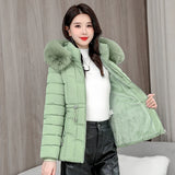 Down winter Jacket Women Parkas  Warm Cotton Padded Coat Ladies Short Overcoat Hooded MartLion Light green S 