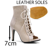 Latin Dance Shoes Ballroom Jazz for Women's Lace-up Fish Mouth Sandals High-heeled Indoor Pole Dance Salsa Dance Boots MartLion Beige 7cm leather 38 